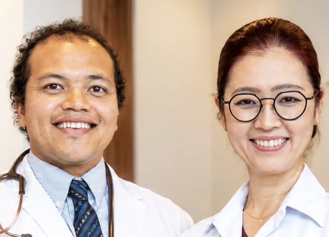 Dr. Kenji Taylor and Dr. Kaneshima, smiling in white coats at Iris Dental Medical