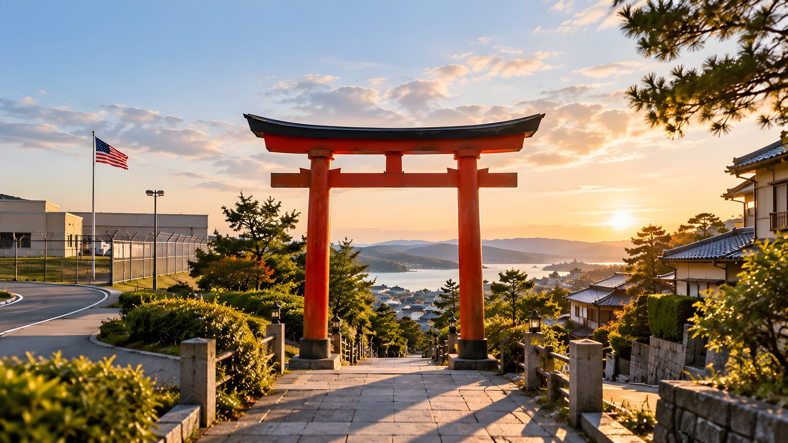 A red torii gate at the top of a stone path at sunset, with a U.S. base and American flag on the left and a Japanese neighborhood and bay on the right